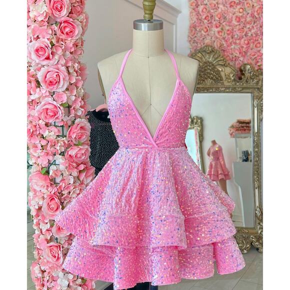 Pink Sequin Halter Mini Dress - Picture 1 of 10